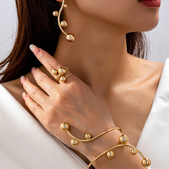 Комплекты из круглых железных бусин, сережек-гвоздиков, браслетов-манжет и колец