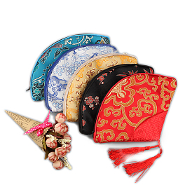 Fan Shaped Brocade Cloth Zipper Bags with Tassel, for Party Snack Gift Ornaments