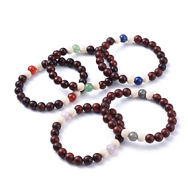 Bracelets élastiques de pierres précieuses naturelles, avec des perles en bois  