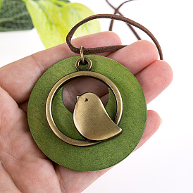 Retro Cotton and Linen Accessories Ethnic Style Wooden Bird Pendant Long Necklace Sweater Chain
