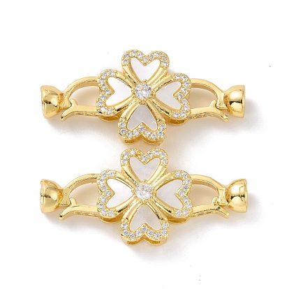 Brass Micro Pave Clear Cubic Zirconia Fold Over Clasps, with White Shell, Cadmium Free & Lead Free, Clover