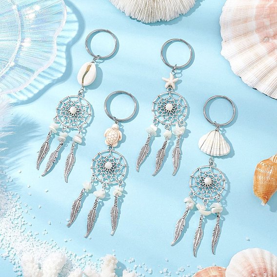 4шт. сплав в тибетском стиле с натуральными ракушками и синтетическими брелоками из бирюзы, с 304 разъемными кольцами из нержавеющей стали для брелка, кошелек, украшение для рюкзака