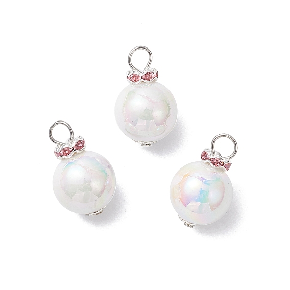 Имитация жемчуга акриловыми подвесками, круглые, с латунными бусинами-разделителями из стразов и железными штифтами с плоскими головками