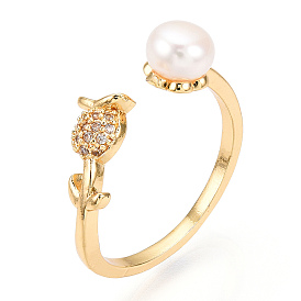 Natural Pearl Open Cuff  Ring Micro Pave Clear Cubic Zirconia, Brass Finger Rings, Tulip