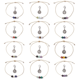 12 шт. двенадцать созвездий, регулируемые наборы круглых плетеных браслетов из бисера со смешанными драгоценными камнями, с плоской круглой подвеской из сплава «Двенадцать созвездий»