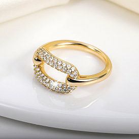 Gold Geometric Ring with CZ Stones for Women - Cuban Circle Design