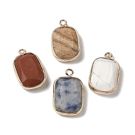Natural Gemstone Faceted Pendants, Golden Tone Brass Rectangle Charms