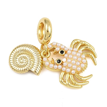 Breloques pendantes européennes en forme de coquillage de crabe, en laiton, pavées d'ABS, imitation perle, pendentifs animaux marins à gros trous avec zircone cubique noire, crémaillère plaquage, plaqué longue durée, sans cadmium et sans plomb