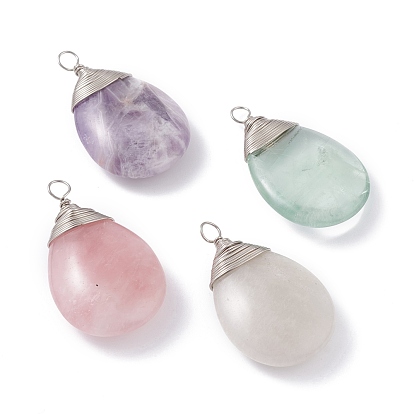 Natural Mixed Stone Pendants, with Platinum Eco-Friendly Copper Wire, Teardrop