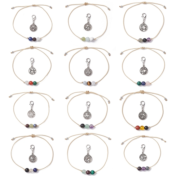 12 шт. двенадцать созвездий, регулируемые наборы круглых плетеных браслетов из бисера со смешанными драгоценными камнями, с плоской круглой подвеской из сплава «Двенадцать созвездий»
