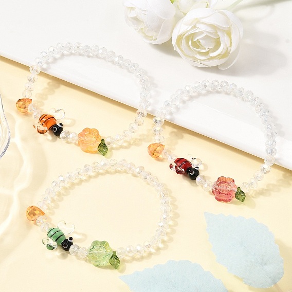 3шт 3 цвета гальванизированные стеклянные бусины растягивающиеся браслеты, пчела и цветок, с ручной работой в технике лэмпворк, стеклянными и прозрачными акриловыми бусинами, граненые