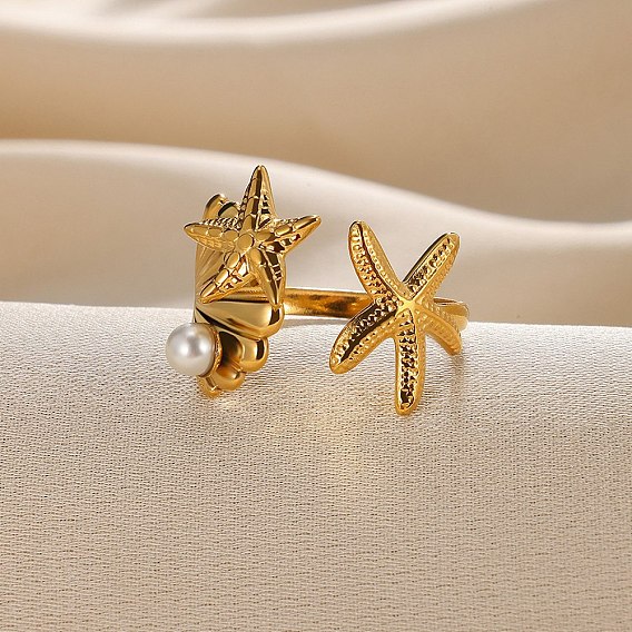 Морские звезды и ракушки 304 манжетные кольца из нержавеющей стали, с abs имитационными жемчужными бусинами 