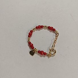 Synthetic Coral Beads Bracelets, Baking Paint Pearlized Glass Pearl Round Beads and Brass Beads Jewelry  for Women, with 201 Stainless Steel Heart Charms