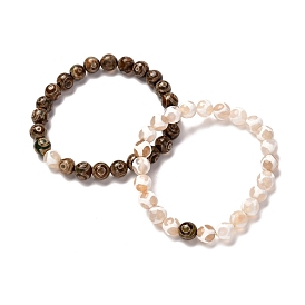 Stone Gift for Men Women, Tibetan 3-Eye dZi & Giraffe Skin Natural Agate Stretch Bracelets Set, with Buddha Head & Tree of Life Beads
