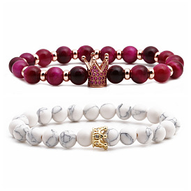 Crystal Crown Couple Bracelet with Tiger Eye Powder and Zirconia Stones