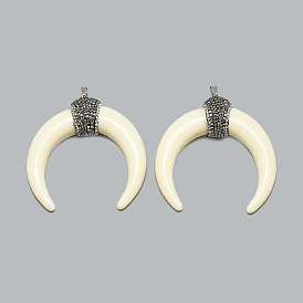 Resin Pendants, with Rhinestone and Brass Findings, Double Horn/Crescent Moon, Platinum
