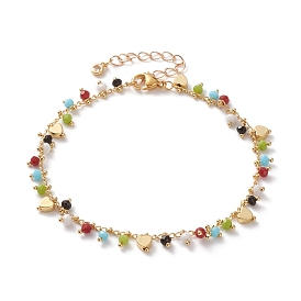 Bracelets de cheville de charme, avec perles de verre rondelles à facettes, perles coeur en laiton et 304 fermoirs pinces de homard en acier inoxydable, colorées