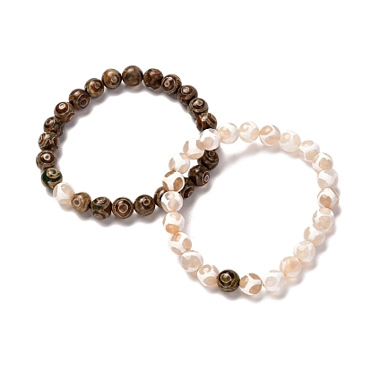 Stone Gift for Men Women, Tibetan 3-Eye dZi & Giraffe Skin Natural Agate Stretch Bracelets Set, with Buddha Head & Tree of Life Beads