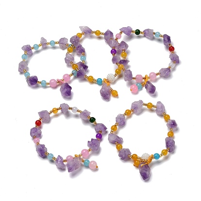 Nuggets Natural Amethyst Stretch Beaded Bracelets, Rough Raw Stone, with Glass Beads