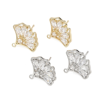 Фурнитура для сережек-гвоздиков из латуни с микропаве из прозрачных кубических цирконий в форме листьев гинкго, без свинца, без кадмии и без никеля, с петлей