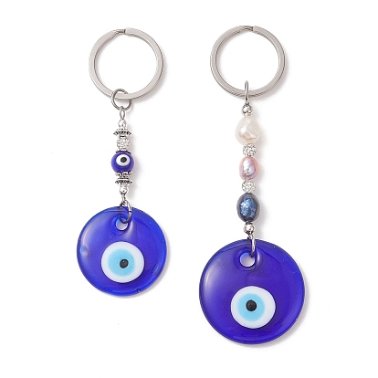 Брелки-лэмпворки от сглаза, с бусиной из натурального культивированного пресноводного жемчуга и 304 разъемными кольцами для ключей из нержавеющей стали, платина