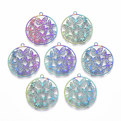 Ion Plating(IP) 201 Stainless Steel Filigree Pendants, Etched Metal Embellishments, Ring with Butterfly