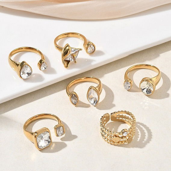 304 Открытые кольца-манжеты из нержавеющей стали с прозрачными кубическими циркониями для женщин, золотые