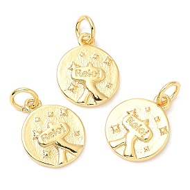 Rack Plating Brass Charms, Long-Lasting Plated, with Jump Ring, Lead Free & Cadmium Free, Flat Round with Word Reloi Charm