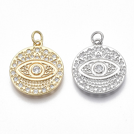 Brass Micro Pave Clear Cubic Zirconia Pendants, Flat Round with Eye, Nickel Free,
