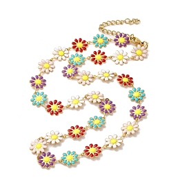 Enamel Daisy Link Chain Necklaces, 304 Stainless Steel Necklace