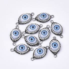 Polymer Clay Rhinestone Links Connectors, with 304 Stainless Steel Findings and Resin, Evil Eye