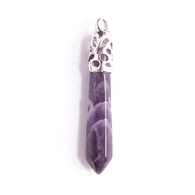 Natural Amethyst Pointed Big Pendants, Faceted Bullet Charms with Platinum Tone Metal Pendant Bails