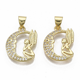 Brass Micro Pave Cubic Zirconia Pendants, Nickel Free, Moon with Fairy, Clear