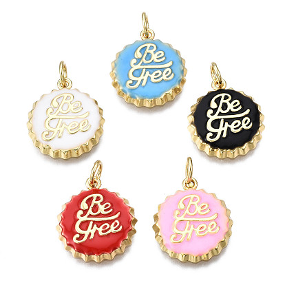 Brass Enamel Pendants, Nickel Free, Real 16K Gold Plated, with Jump Rings, Bottle Cap with Word Be Free