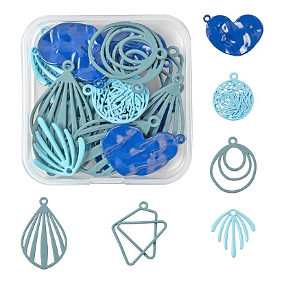 24Pcs 6 Style Blue Series Spray Painted Alloy Pendants, Oval & Fan & Branch & Geometric & Heart