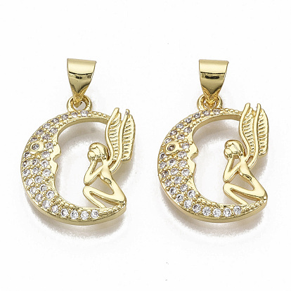 Brass Micro Pave Cubic Zirconia Pendants, Nickel Free, Moon with Fairy, Clear