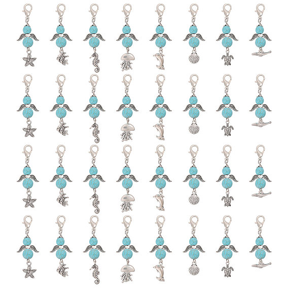 32шт 8 стили синтетические бирюзовые бусины и сплав морских животных подвески украшения, с цинковым сплавом застежками омаров коготь, форма ракушки/морская звезда/черепаха