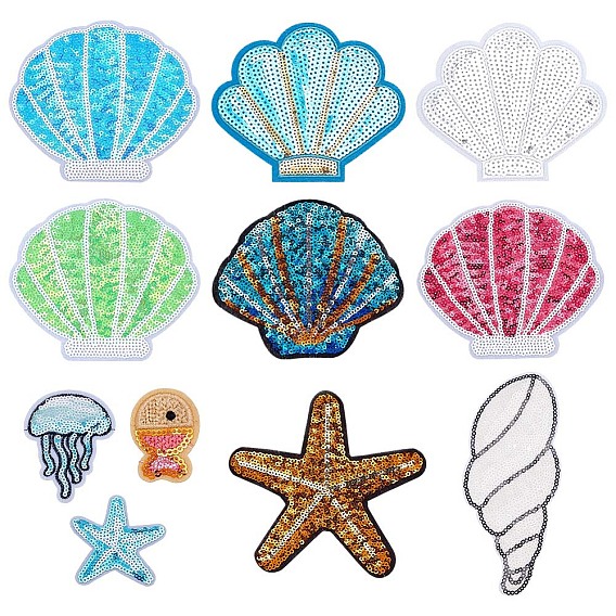 11шт. 11 стили пляжная тематика блестящие тканевые нашивки, приутюжить/пришить аппликацию, для украшения рукоделия, Морские звезды и снаряды