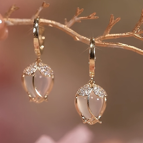 Серьги-подвески из сплава с прозрачным кубическим цирконием, со стеклом и опалом, цветок