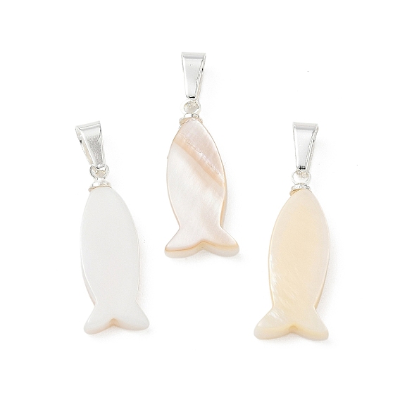 Подвески натурального морских раковин, Подвески в виде рыбок с 304 защелкивающимися креплениями из нержавеющей стали, серебряный цвет гальваническим