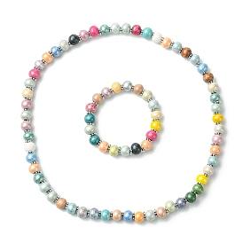 Children's Day Gift Dyed Drum Wood Beaded Kids Necklaces & Stretch Bracelets Jewelry Sets, with Tibetan Style Alloy Beads, 17.3 inch , 43mm