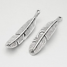 Tibetan Style Alloy Feather Pendants, Cadmium Free & Lead Free, 45x10x4mm, Hole: 2mm, about 161pcs/500g