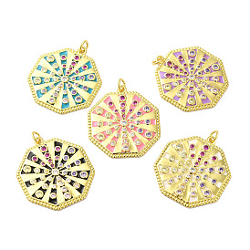 Rack Plating Brass Pave Cubic Zirconia Pendants, with Enamel & Jump Ring, Lead Free & Cadmium Free, Real 18K Gold Plated, Long-Lasting Plated, Octagon Charm