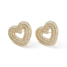 Rack Plating Brass Stud Earrings, Micro Pave Clear Cubic Zirconia Earring for Women, Heart, Lead Free & Cadmium Free