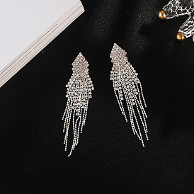 Sparkling Double-layered Geometric Earrings with Fringe and Pearl Chains for Women