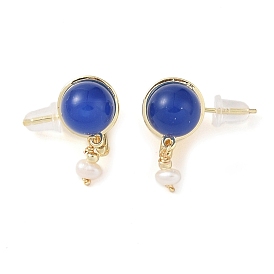 Natural Agate Dangle Earrings, Brass Pearl Stud Earrings for Women
