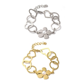 Flower & Heart 304 Stainless Steel Link Chain Bracelets for Women, with ABS Pearl Beads