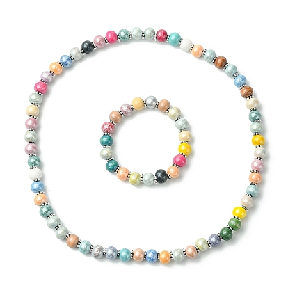Children's Day Gift Dyed Drum Wood Beaded Kids Necklaces & Stretch Bracelets Jewelry Sets, with Tibetan Style Alloy Beads, 17.3 inch , 43mm