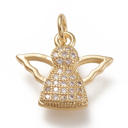 Brass Micro Pave Clear Cubic  Zirconia Pendants, with Jump Rings, Angel