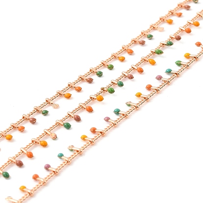 Handmade Brass Curb Chains, with Enamel Charms, Long-Lasting Plated, Drop, Unwelded, with Spool, Golden
